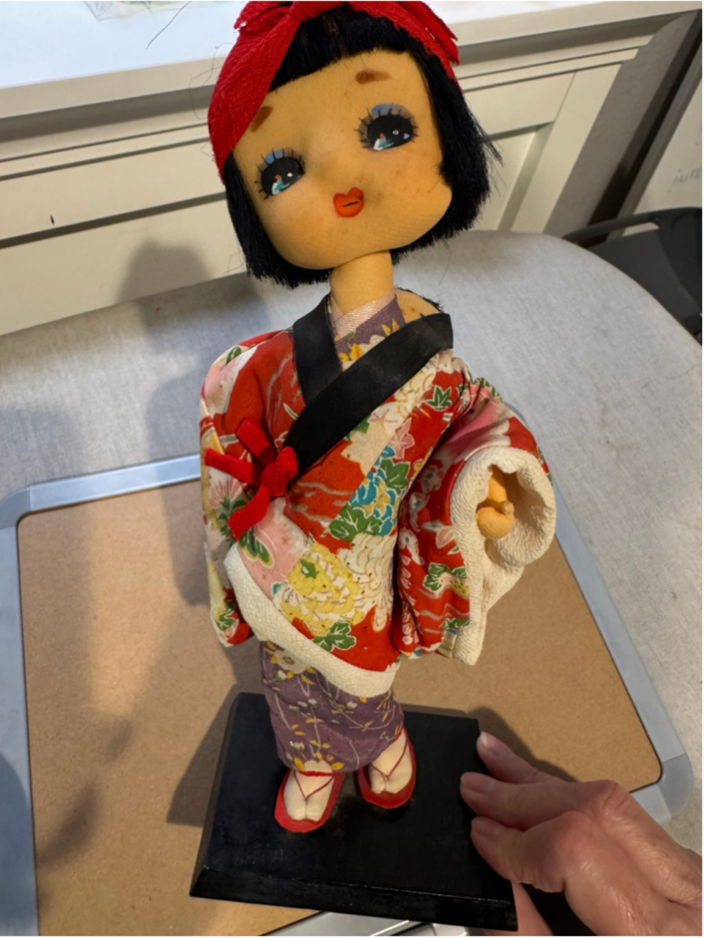 Vintage Japanese Big Eyed Stockinette Doll with Baby Figurine Red Purple Kimono